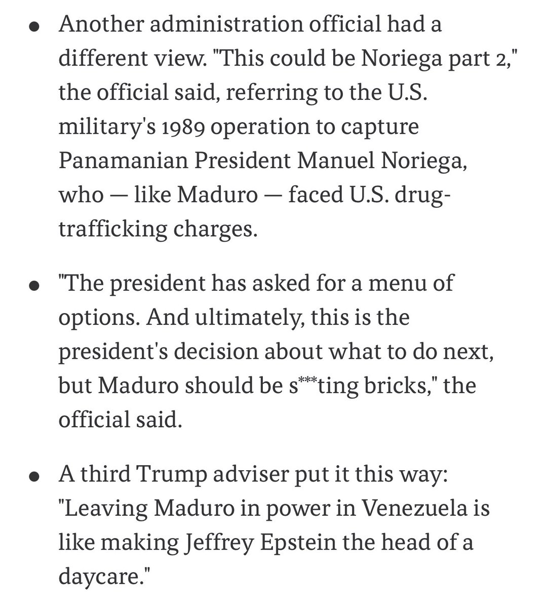 DIFUNDELOYA's tweet image. 🚨 ¡ÚLTIMA HORA VENEZUELA! 🚨🇻🇪

AXIOS:

Funcionario de la administración Trump:

“Esto podría ser Noriega parte 2”.

“El presidente ha pedido un menú de opciones. Y al final es su decisión, pero Maduro debería de estar cagado”.