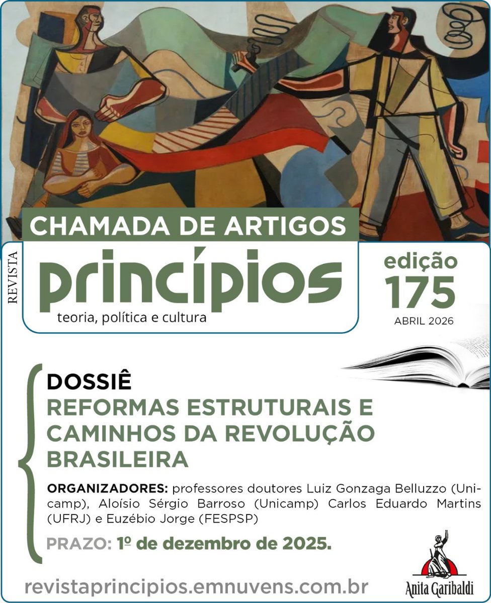 Revista Princípios: chamada de artigos para o dossiê "Reformas estruturais e caminhos da revolução brasileira", a ser publicado na edição nº 175, prevista para abril de 2026. Acesse o edital completo: revistaprincipios.emnuvens.com.br/principios/ann…