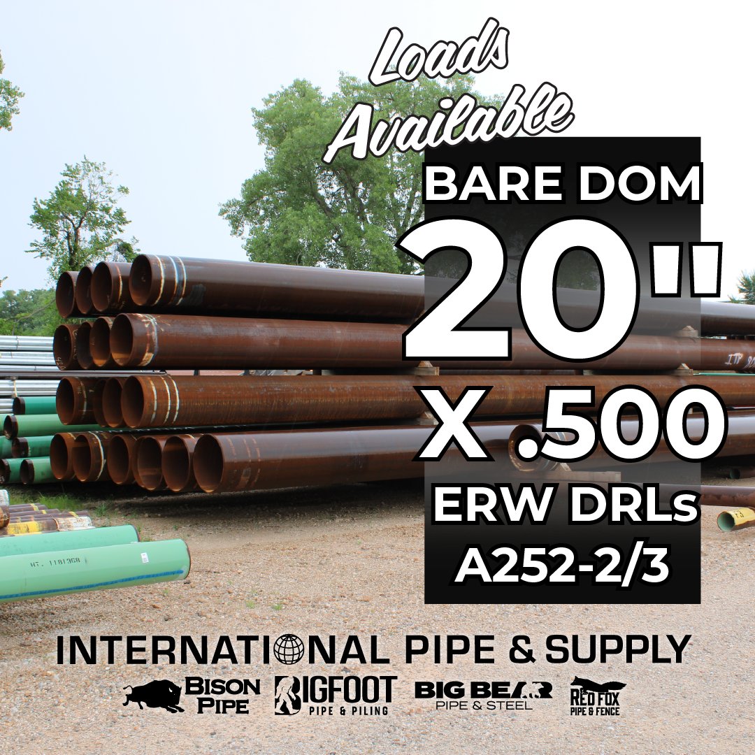 20" X .500 ERW A252-2/3 Bare Domestic DRLs. Great size for boring or piling! We have LOADS of it! Call us at (405) 478-4500 to get your load started today.

#InternationalPipe #SteelPipe #PipePile #PipeYard
