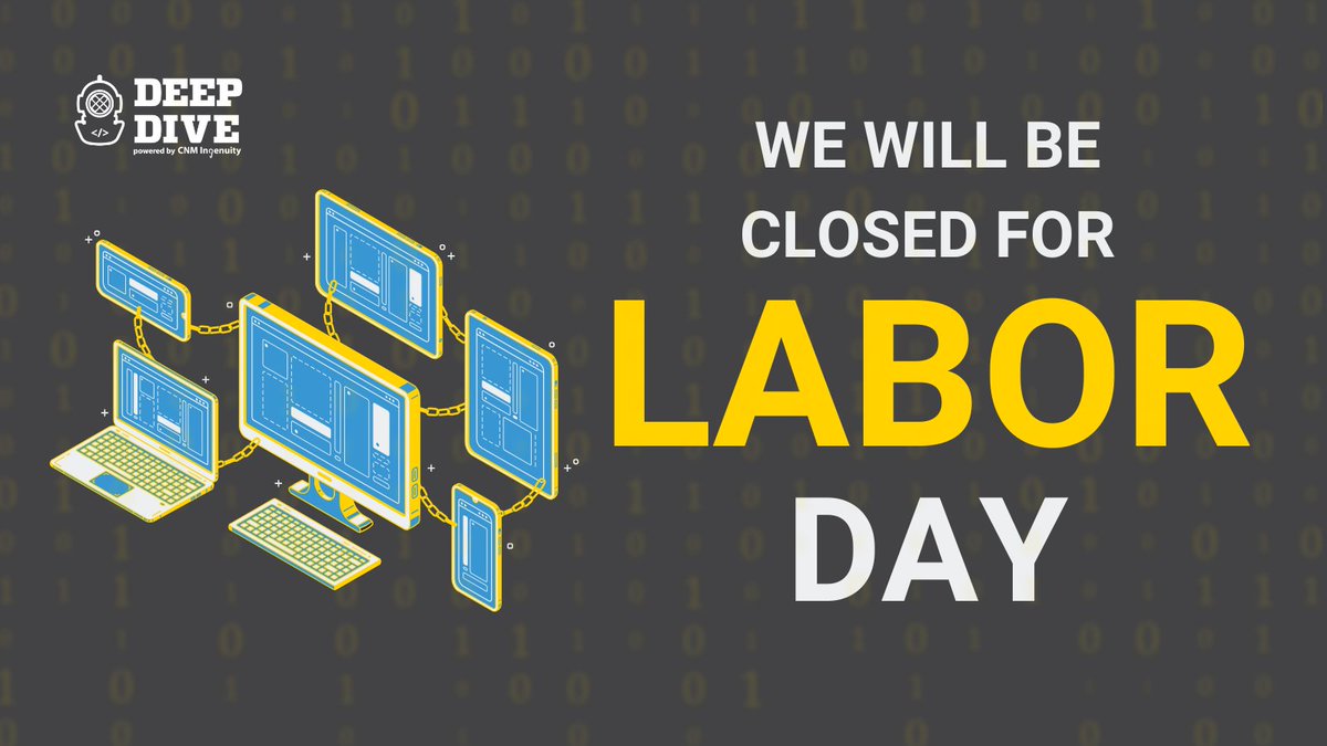 DeepDiveCoding's tweet image. No classes will be held and all Deep Dive offices will be closed on Monday, September 1 in honor of #LaborDay. We hope you have a safe and fun holiday weekend!

#DeepDiveCoding #holiday
