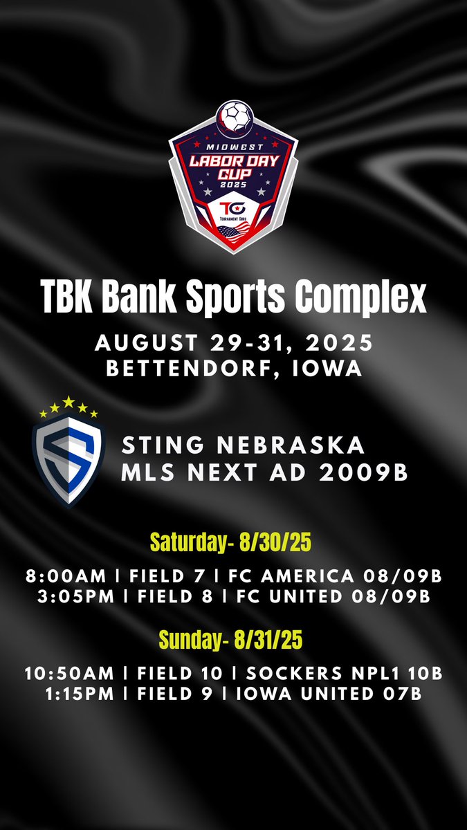 Safe travels as we head across the state of Iowa for a Labor Day weekend showcase.  Some great competition lined up for our first matches of the fall.  

@stingnebraska  @tbkbanksportscomplex