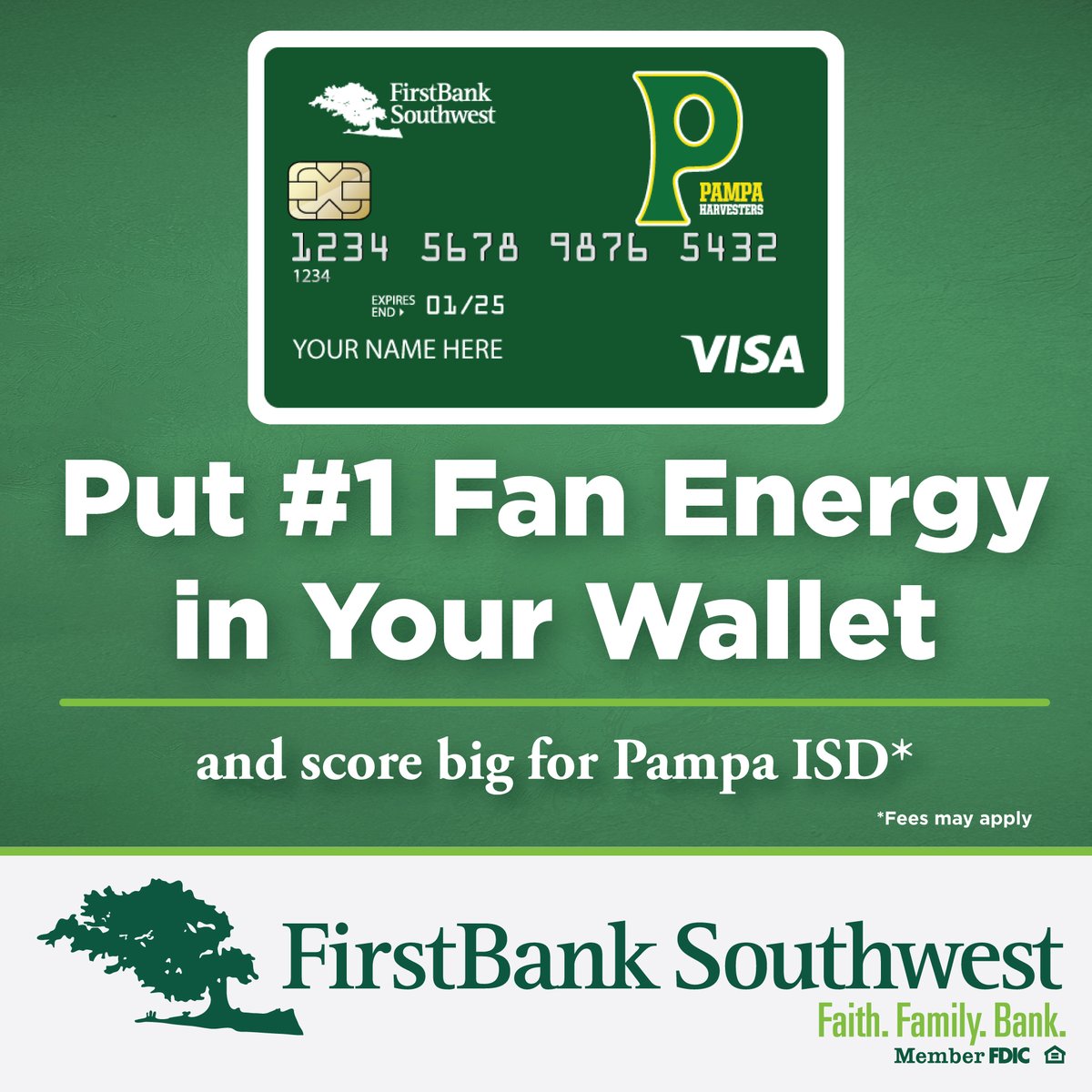 PAMPA HARVESTERS! 📢

Rooted in pride, growing stronger together! Every swipe with your FBSW School Spirit Card gives back to Pampa ISD—celebrating what makes our community one of a kind. Go Harvesters! 💚💛

Get yours: loom.ly/8AOqe_s

Faith. Family. Bank.💚
#MemberFDIC
