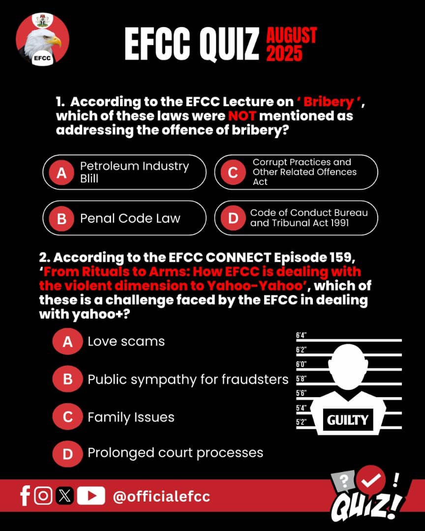 officialEFCC's tweet image. Prize of NGN5,000 worth of Airtime awaits three(3) winners 

This is not open to officers of the Commission and their family members!!!

#EFCCQuiz
#EFCCNigeria