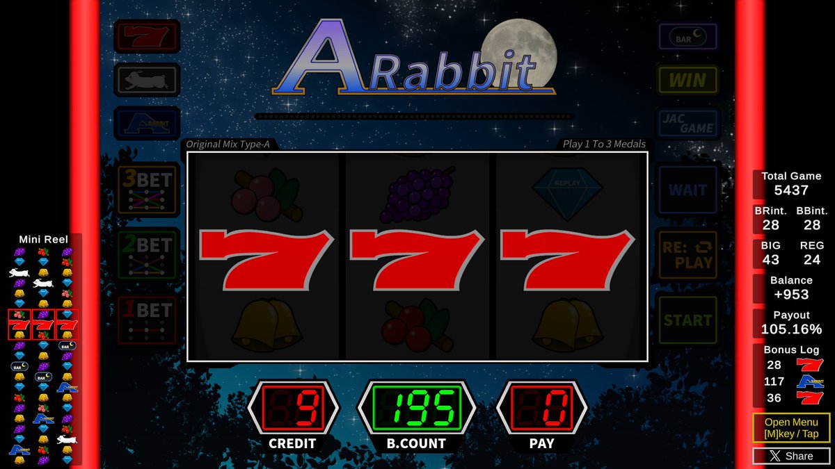 M1slot20's tweet photo. 改めまして、A-Rabbitは8/29に1周年を迎えました!
皆様遊んでいただき、本当にありがとうございます♪
これを記念して、新機能が登場します!
1. 1ボタン操作
スロット全操作が1ボタンで行えます!
2. 強制フラグ追加
好きな時に好きなフラグを♪
これからもどうぞよろしくお願いします♪
#ARabbit https://t.co/xSLh2uO5Bp