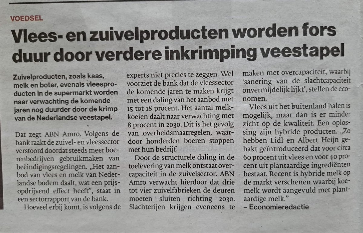 📉 Dit artikel bevestigt precies waar wij al jaren voor waarschuwen:
👉 Minder koeien betekent minder melk én minder vlees.
👉 Minder varkens betekent minder vlees.

Dit raakt niet alleen de boeren, maar álle mensen!

De gevolgen zijn duidelijk: hogere prijzen voor de consument