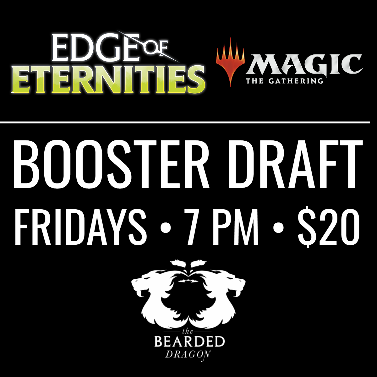 Draft under the stars every Friday
Join us at The Bearded Dragon at 7 PM for our weekly Magic: The Gathering draft featuring Edge of Eternities. Great prizes, exciting games, and no preregistration needed—just show up and draft!