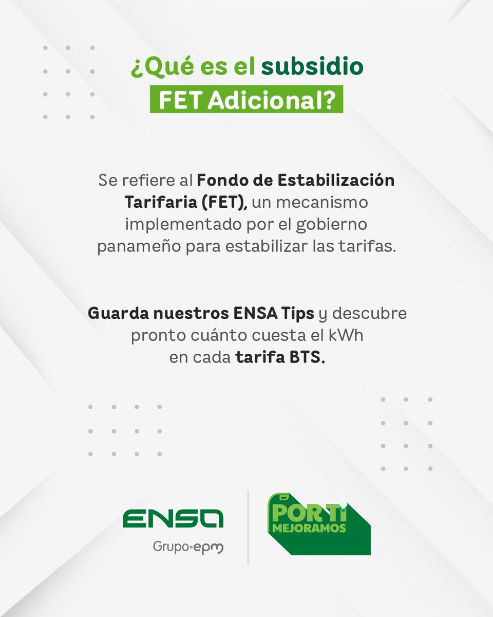🔎 ¿Sabías que tu factura eléctrica no subirá este semestre?

El subsidio FET Adicional mantiene estables las tarifas BTS 2025.
Conoce el costo por kWh y cómo se calcula.

💡 ¡En ENSA, por ti mejoramos!