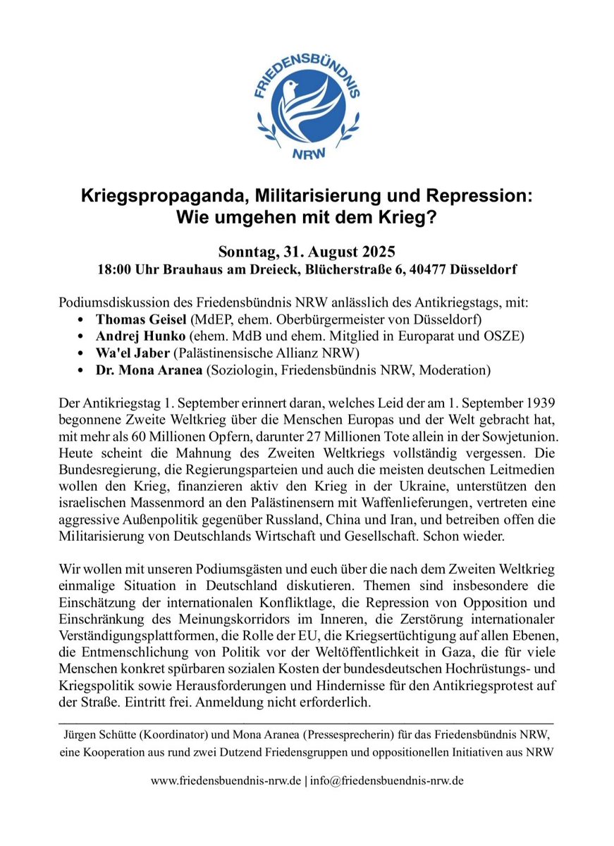 Dr. Mona Aranea (@monaaranea) on Twitter photo Terminhinweis für Düsseldorf: Sonntag, 31. August 18:00 Uhr Podiumsdiskussion mit Wa'el Jaber (Palästinensische Allianz), <a href="/AndrejHunko/">Andrej Hunko</a> (ehem. MdB) und <a href="/Thomas_Geisel/">Thomas Geisel</a> (MdEP).
Wir sehen uns gerne im Brauhaus! Terminhinweis für Düsseldorf: Sonntag, 31. August 18:00 Uhr Podiumsdiskussion mit Wa'el Jaber (Palästinensische Allianz), <a href="/AndrejHunko/">Andrej Hunko</a> (ehem. MdB) und <a href="/Thomas_Geisel/">Thomas Geisel</a> (MdEP).
Wir sehen uns gerne im Brauhaus!
