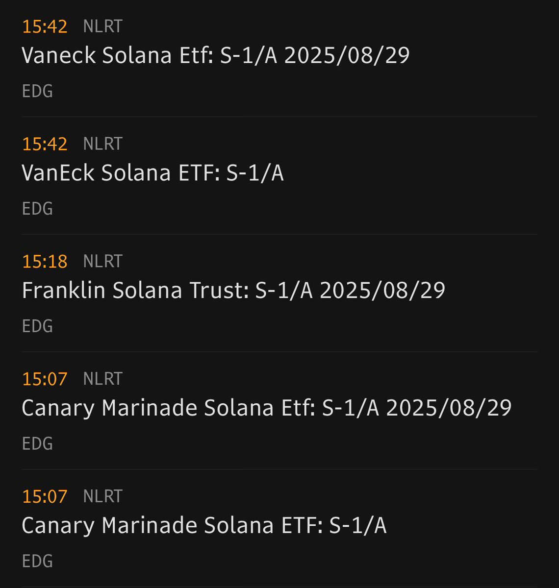 Screenshot of Solana ETF filing updates from VanEck, Franklin, and Canary Marinade