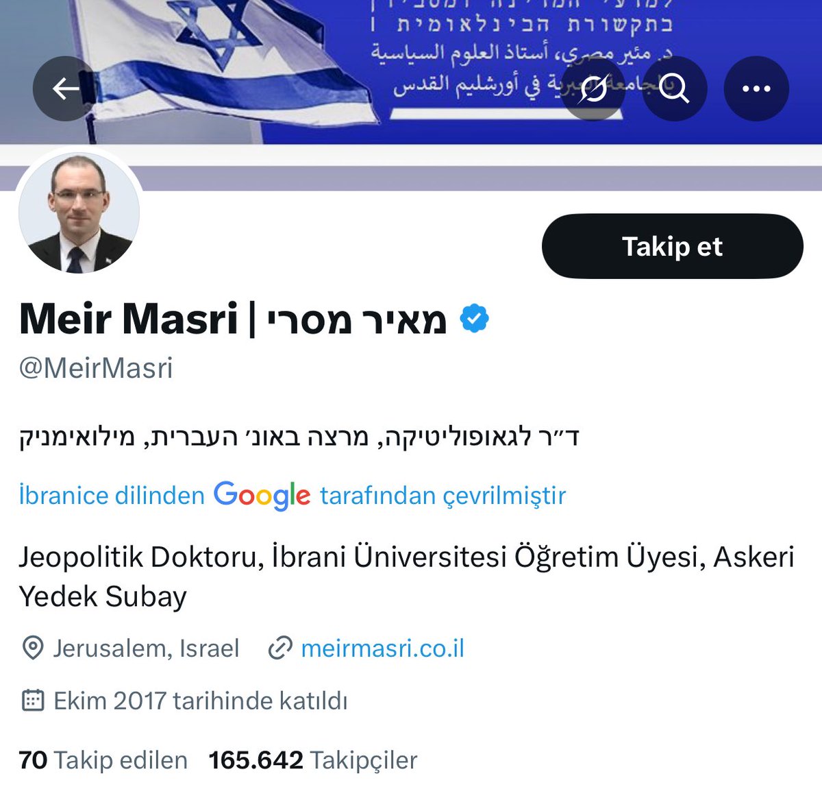 İsrailli asker ve yazar Meir Masri, Başkan Erdoğan’ı tehdit etti.

Tayyip Erdoğan’ın ayağına taş değse bu alçaklardandır.

Size ve kuklalarınıza Tayyip Erdoğan’ın kaç milyon can taşıdığını öğreteceğiz.