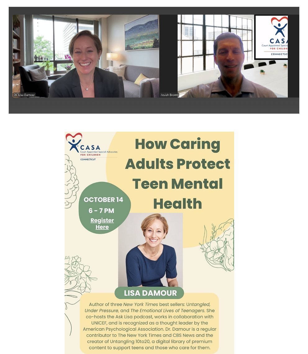 Thanks, <a href="/LDamour/">Lisa Damour, PhD</a>, for donating your time to <a href="/ConnCASA/">Connecticut CASA</a>!
Your training--"How Caring Adults Protect Teen Mental Health"--will benefit #CT #CASA volunteers in this movement for #children.
#YaleAlumni #Yale '92
#Volunteer (or #Donate); #ChangeAChildsStory here:
connecticutcasa.org/how-you-can-he…