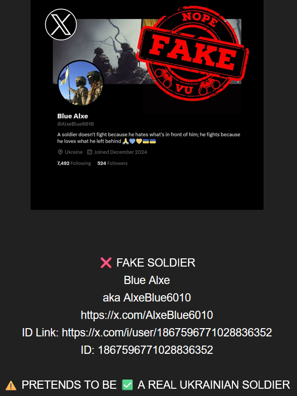 Aug 29 #2

📢 Scammers hurt the Ukrainian cause!

More reporting is needed - a <a href="/VerifUnit/">VU</a> verified Scammer.

❌ FAKE x.com/AlxeBlue6010 
ID Link: x.com/i/user/1867596…

▶️Report and Block - use Report option Privacy / Threatening to share / Someone else's / Block ✅