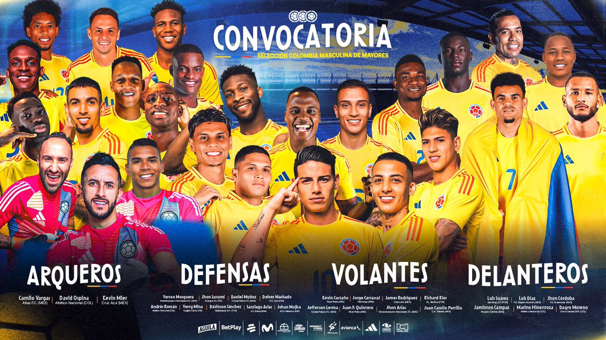 🇨🇴⚽ ¡Convocados! 💥

La Tricolor ya está lista para las últimas 2 jornadas de las Eliminatorias Sudamericanas 🏟🔥
💛💙❤️ En busca del cupo al Mundial 2026 🌍⚽

#VamosColombia #Eliminatorias2026 #OrgulloTricolor #pasegolnoticias