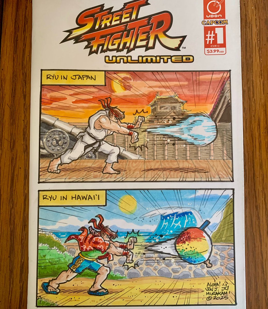 jonjmurakami's tweet photo. Aloha! Some of you saw me start this sketch where Ryu fires his Hadoken attack at opponents. I know - it's a silly idea based on the attack's shape! Yes, I know I wasted another variant comic cover 😊 lol - I'm selling this at the Video Game Marketplace on Sunday! https://t.co/sbZZzIPecZ