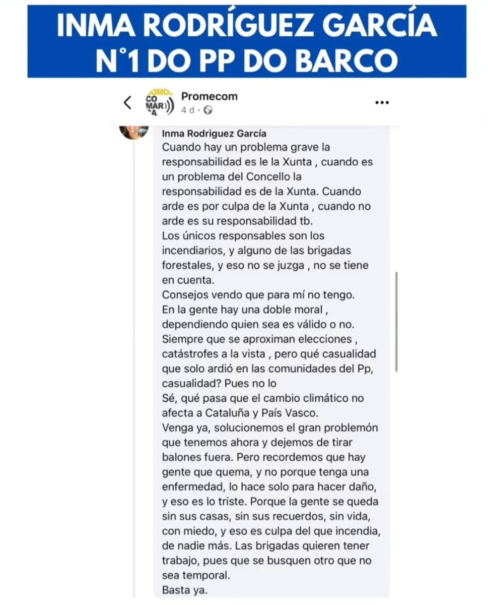 Está a líder de certo partido do Barco de Valdeorras insinuando que son os bombeiros forestais quen provocan os lumes por motivos electorais? Si

"las brigadas quieren tener trabajo, pues que se busquen otro que no sea temporal"

Terribles declaracións, dignas de cese