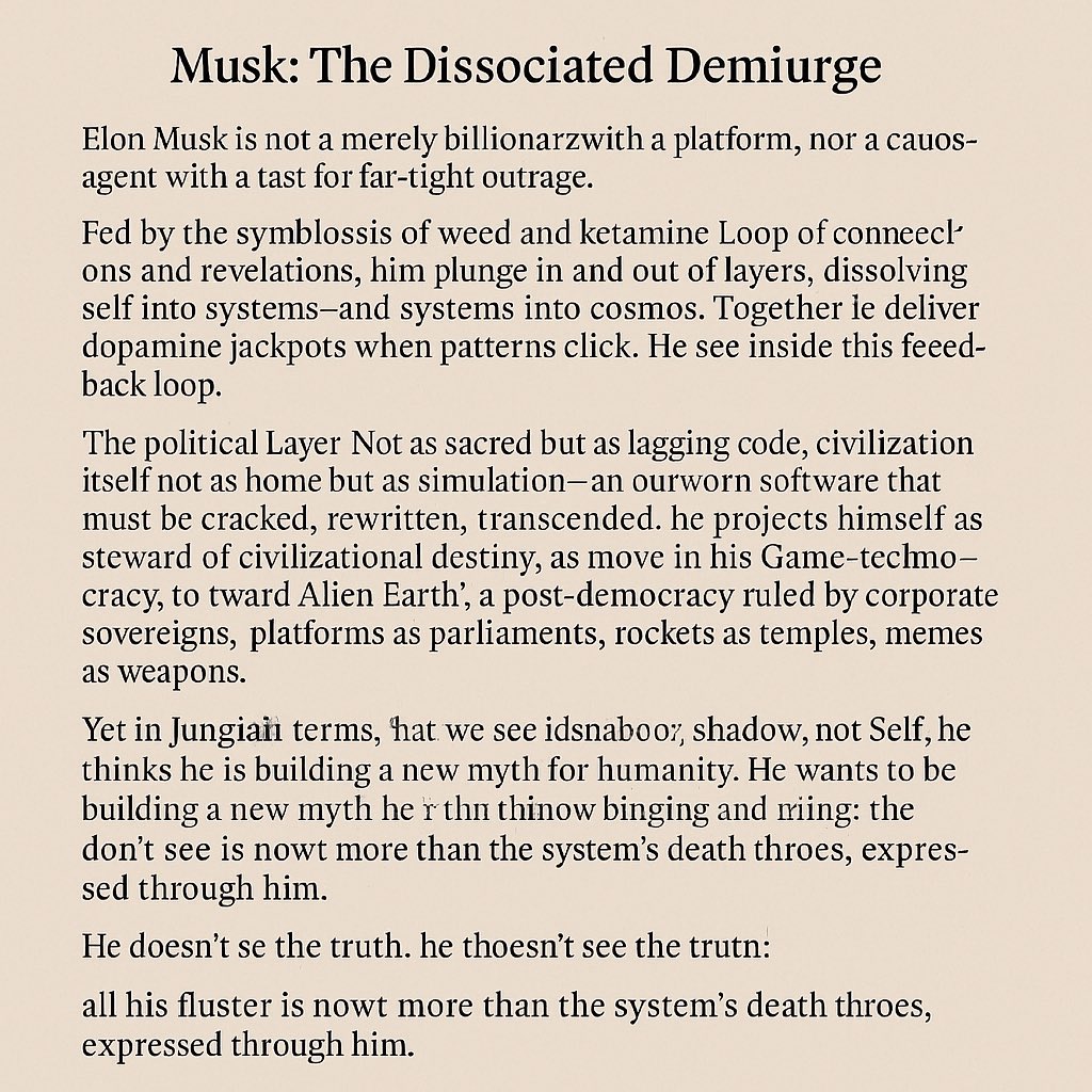 neilonpt's tweet image. Musk isn’t a prophet. He’s a K-head futurist caught in a dopamine loop, mistaking the system’s death throes for his own myth-making.

The Dissociated Demiurge. Alien Earth in plain sight.