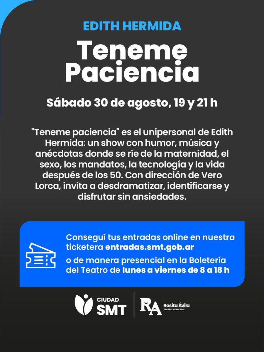 Mañana en el Teatro Rosita Avila "Teneme Paciencia"
Imperdible unipersonal del Edith Hermida.