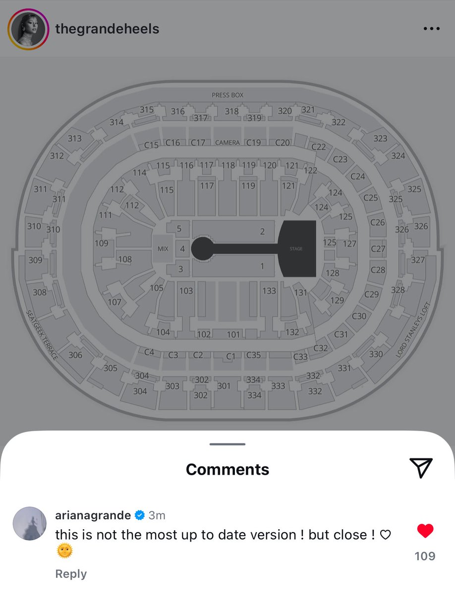 Ariana reveals in an Instagram comment the stage layout released is not the most up to date version but close