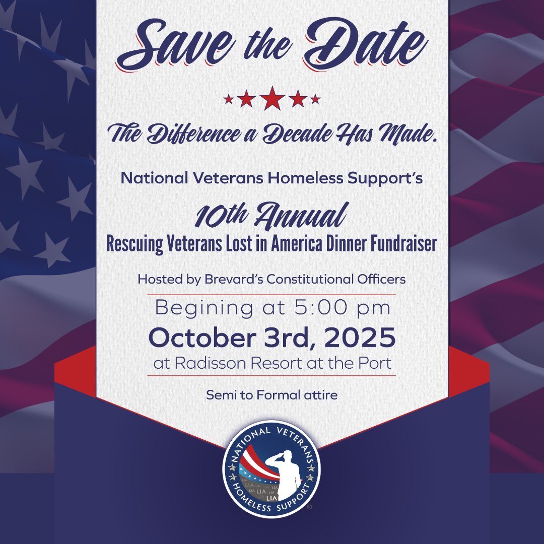 Tickets are now on sale! 🎟️🇺🇸

Join us for the 10th Annual Fundraising Dinner, where we’re partnering with Brevard’s Constitutional Officers to support the mission of ending veteran homelessness right here in Brevard County.

Be part of a night that makes a real impact—reserve