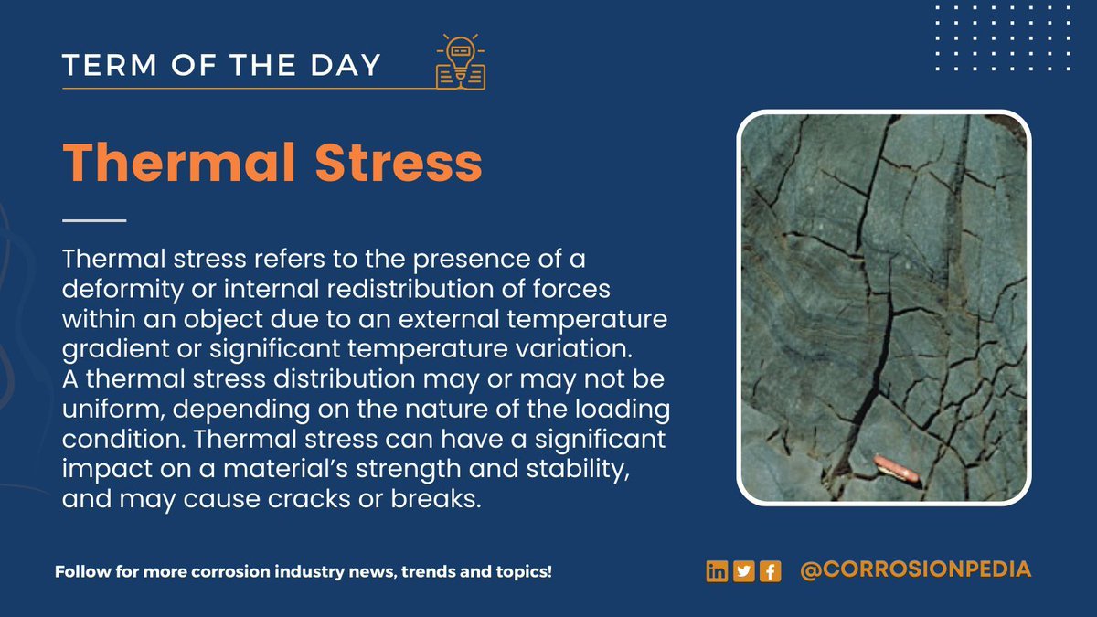 corrosionpedia's tweet image. Periodic or regular thermal stress conditions lead to increased wear and tear, degradation and eventual failure. 
Learn more: corrosionpedia.com/definition/294… 

#ThermalStress #MaterialScience #EngineeringMechanics #StructuralIntegrity #HeatEffects