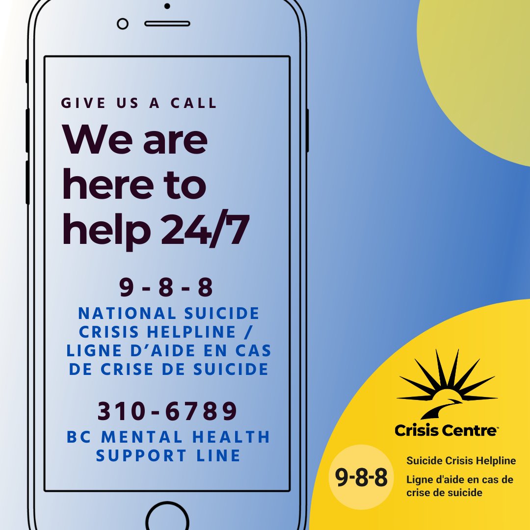 This long weekend, a reminder that if you need to talk, our lines are open 24/7. 

Call us any time:

310-6789 (BC Mental Health Crisis Line - no area code needed)
988 (call or text - National Suicide Crisis Line)