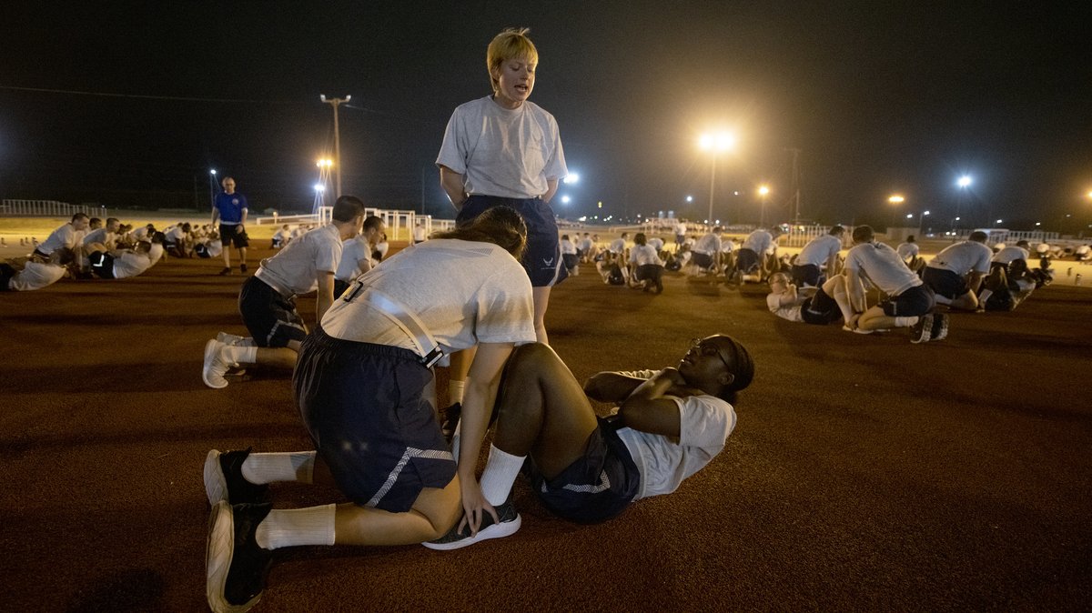 AETCommand's tweet image. Training, developing and educating a ready force takes relentless commitment day and night. From early morning PT at Basic Military Training to night flight ops at our pilot training bases, #AETC never stops.