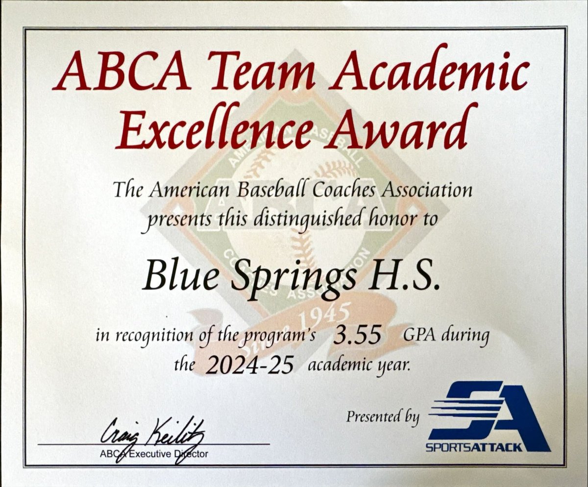 The 2025 BSHS Wildcats Baseball team was recognized by the American Baseball Coaches Association for having a cumulative GPA of 3.55 last year!
