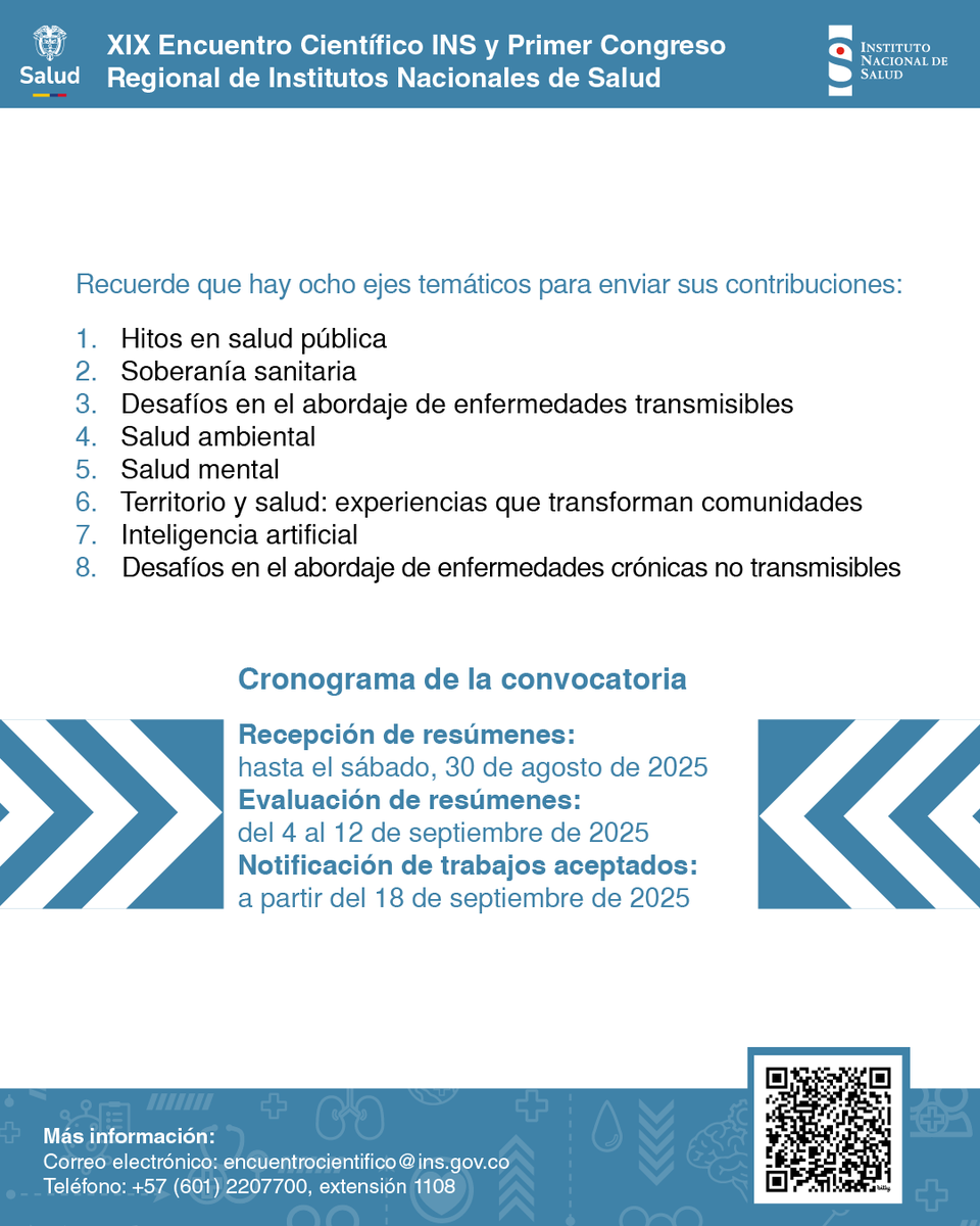 🚨 Último llamado para investigadores, profesionales y estudiantes 📣bit.ly/encuentrocient…

Mañana a medianoche, los organizadores del XIX #EncuentroCientíficoINS2025 🇨🇴 dejarán de recibir propuestas en el marco de la convocatoria de este evento. ¡Contamos con su participación!