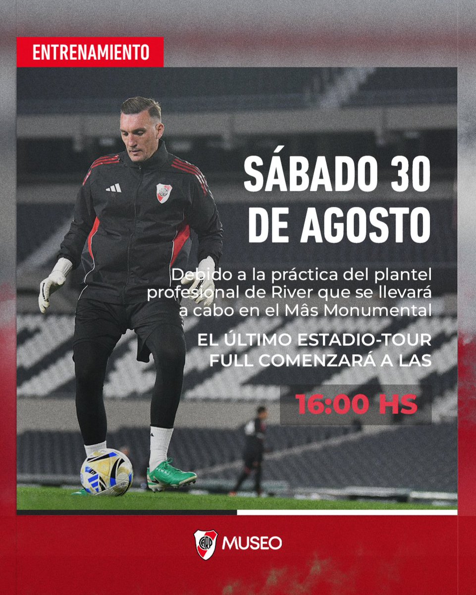 📣 [𝗜𝗠𝗣𝗢𝗥𝗧𝗔𝗡𝗧𝗘] Horarios del Museo River para el sábado 30 de agosto 🏛📆

🕙 Apertura: 10:00 hs.
🏟 Último Estadio-Tour Full: 16:00 hs.
💺 Última Visita Express: 16:15 hs.
🕖 Cierre: 19:00 hs.