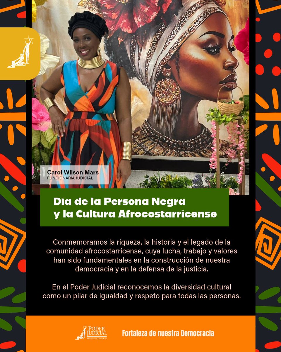 PoderJudicialCR's tweet image. Conmemoramos la riqueza, la historia y el legado de la comunidad afrocostarricense, cuya lucha, trabajo y valores han sido fundamentales en la constricción de nuestra democracia y en la defensa de la justicia.
#diadelapersonanegra #CulturaAfrocostarricense #PoderJudicialCR