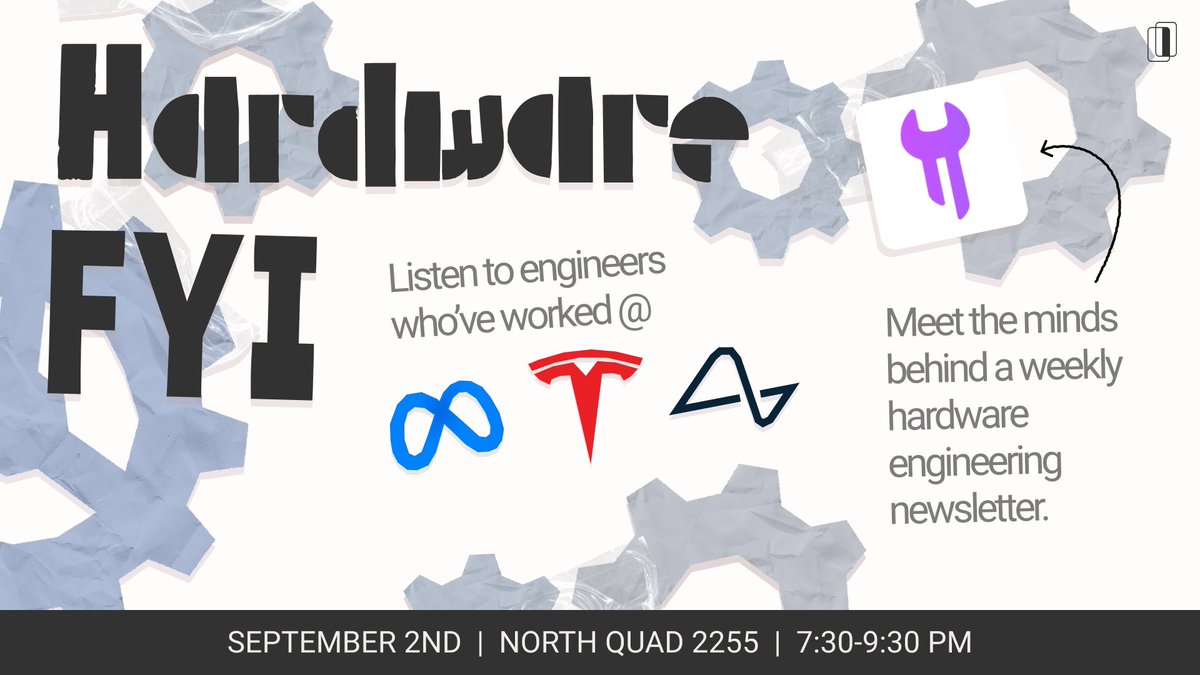 V1Michigan's tweet photo. We’re bringing top hardware minds to Ann Arbor.
 9/2, 7:30–9 PM

Speakers:
Benji, CEO of HardwareFYI
Engineers from Tesla, Neuralink, and YC

This panel is part of a broader push this semester to grow opportunities and resources for hardware Builders at Michigan.

RSVP NOW:
https://t.co/uFTexc25io