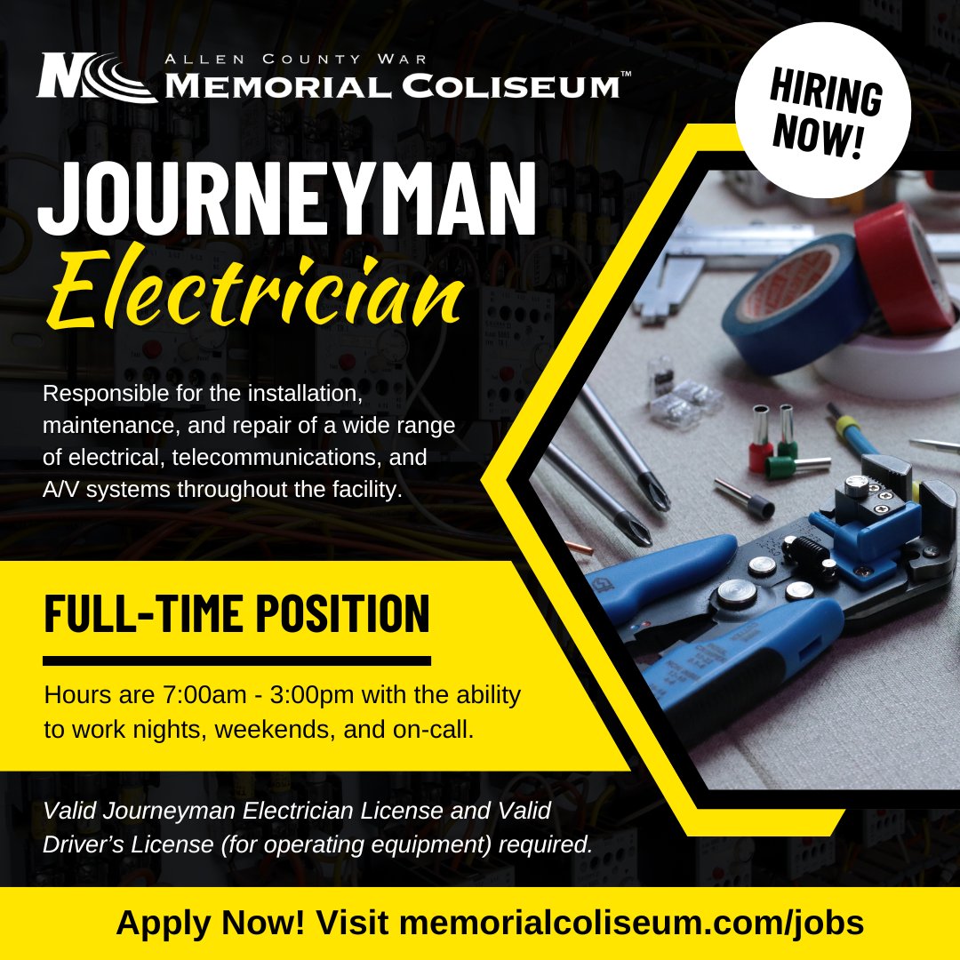 We're still on the lookout for a new team member!👀 

Apply to be a Journeyman Electrician at <a href="/acwmc/">@acwmc</a>! This position is responsible for the installation, maintenance, and repair of a wide range of electrical, telecommunications, and audio/visual systems.

🔗bit.ly/JourneymanElec…
