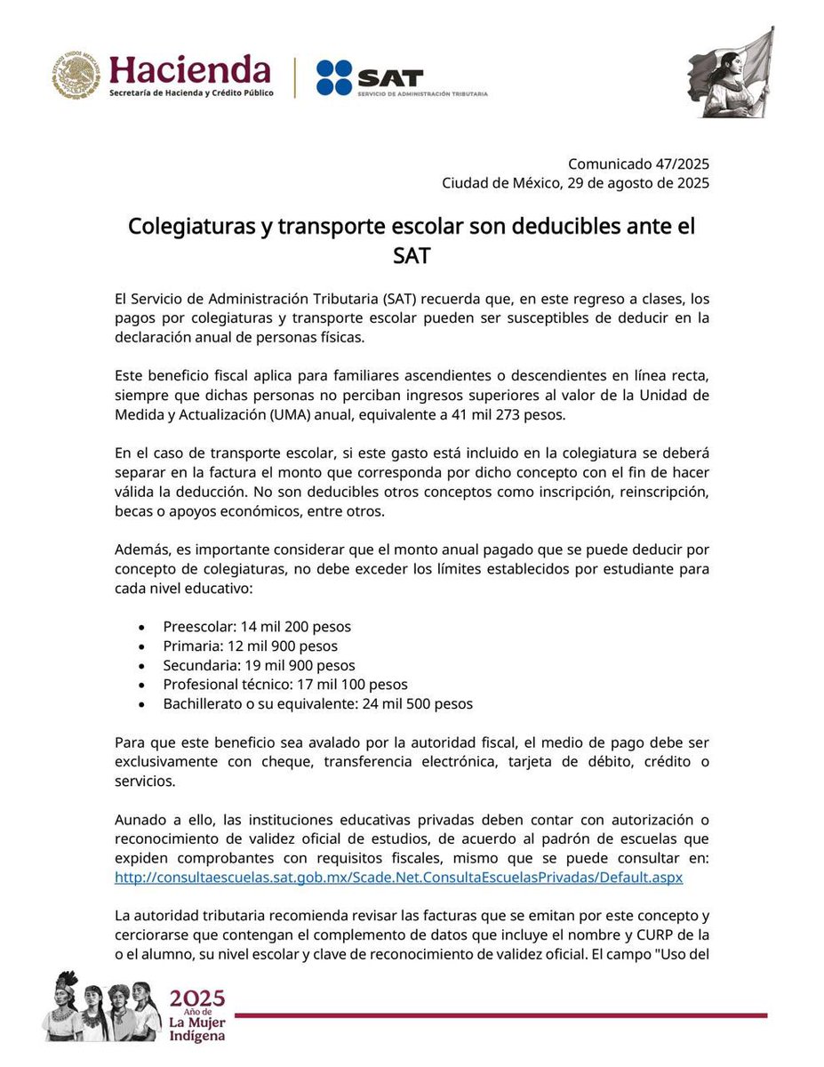 SATMX's tweet image. #ComunicadoSAT

El SAT recuerda que, en este regreso a clases, los pagos por colegiaturas y transporte escolar pueden ser deducibles en la declaración anual de personas físicas, siempre que se cumplan los requisitos fiscales establecidos.

El padrón para consultar las