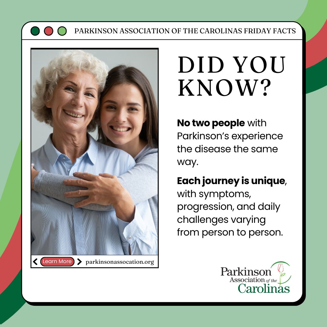 🧠 #FridayFacts: No two people with Parkinson’s experience it the same way, symptoms &amp; challenges vary for each journey. 💙 That’s why personalized care &amp; support matter. At PAC, we’re here to walk beside you every step. Learn more: parkinsonassociation.org