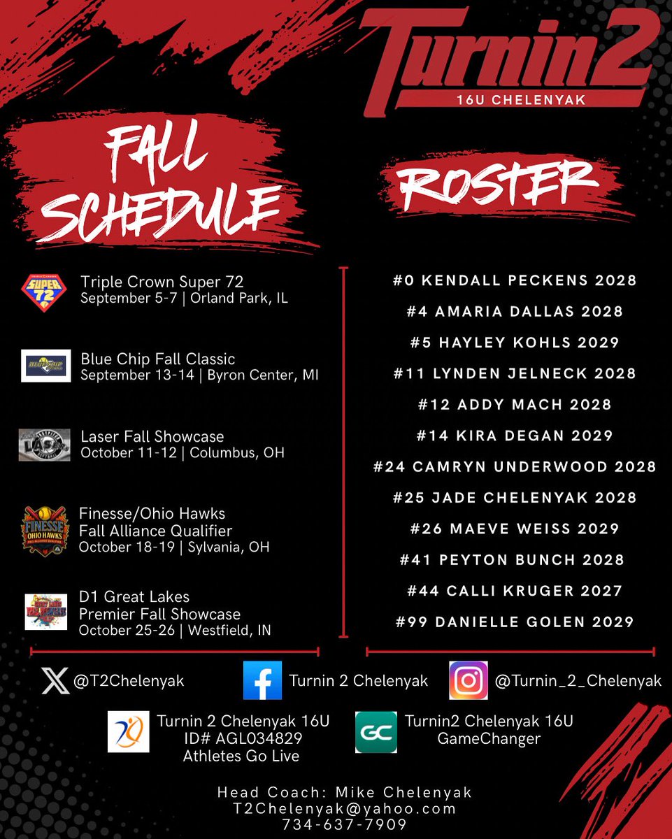 Fall Schedule / Full Roster /  Social Accounts ❤️🖤🥎