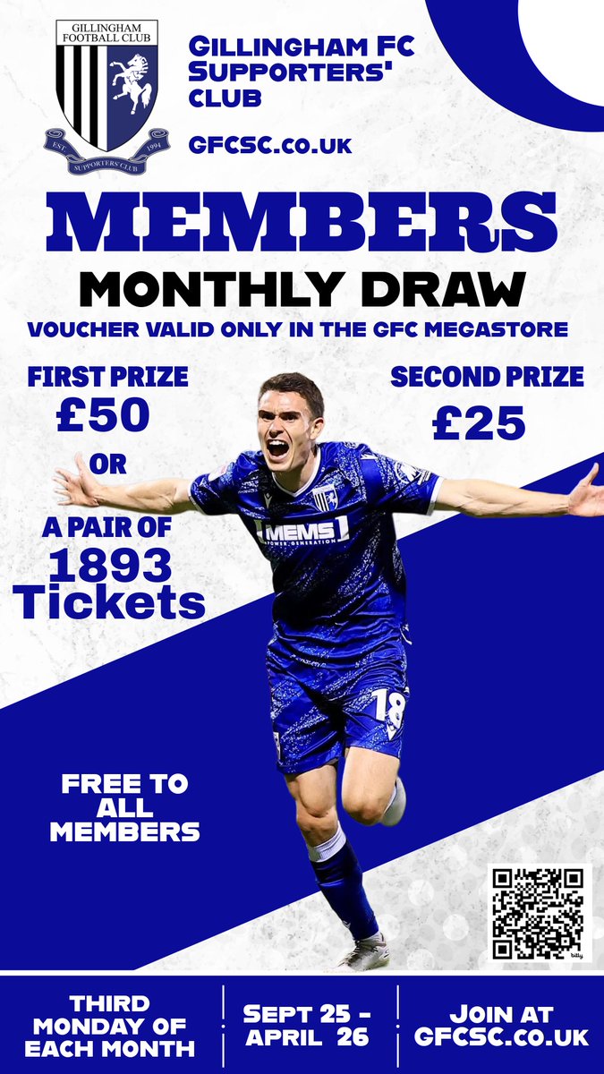 GillinghamFCSC's tweet photo. 𝐌𝐄𝐌𝐁𝐄𝐑𝐒 𝐃𝐑𝐀𝐖 - We are pleased to announce that our monthly members' draw will continue for the 2025/2026 season. The first prize is a £50 voucher for the Gills shop or two 1893 tickets, while the second prize is a £25 voucher - https://t.co/WVBus4967C #Gills #GFCSC https://t.co/Kjsb2fbeYR