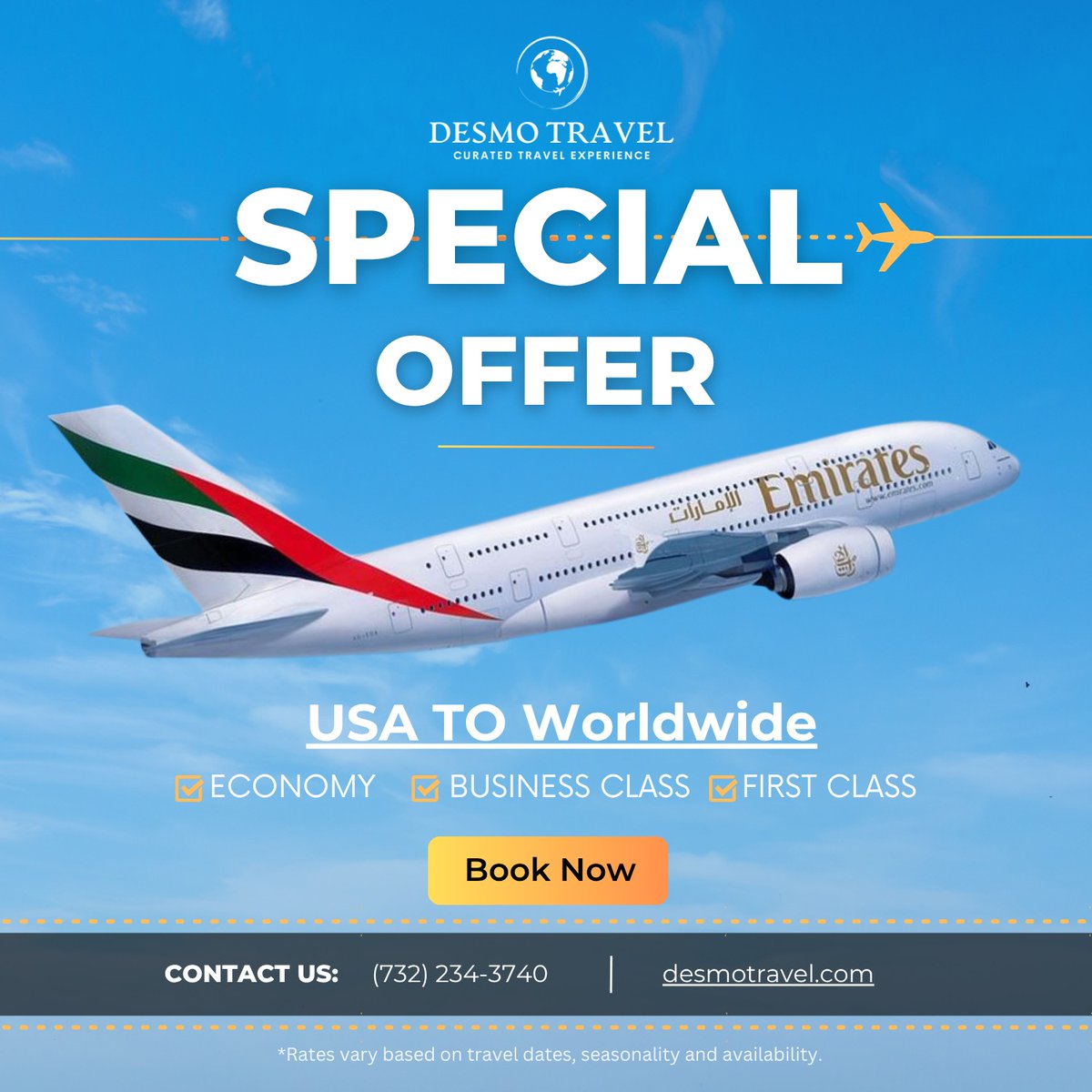 desmotravel's tweet image. 📷 Book Your Emirates Flight Today with Desmo Travel!
Fly in style with one of the world’s top airlines 

📷 (732) 234-3740
📷 info@desmotravel.com
📷 desmotravel.com

📷 Don’t wait — book your flight tickets today!

#DesmoTravel #FlyEmirates #FirstClassFlights