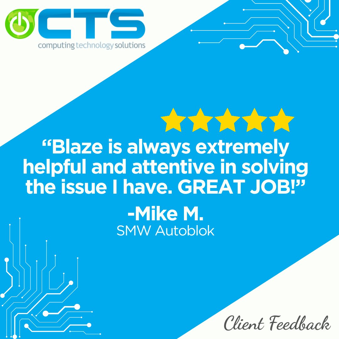 ComputingTech's tweet image. We appreciate the feedback, Mike!
onlineCTS.com #ObsessiveClientFocus #BestClientsEver #ClientTestimonial #ClientFeedback #HappyClients #ITSupport #ITConsulting #MSP #ManagedServiceProvider