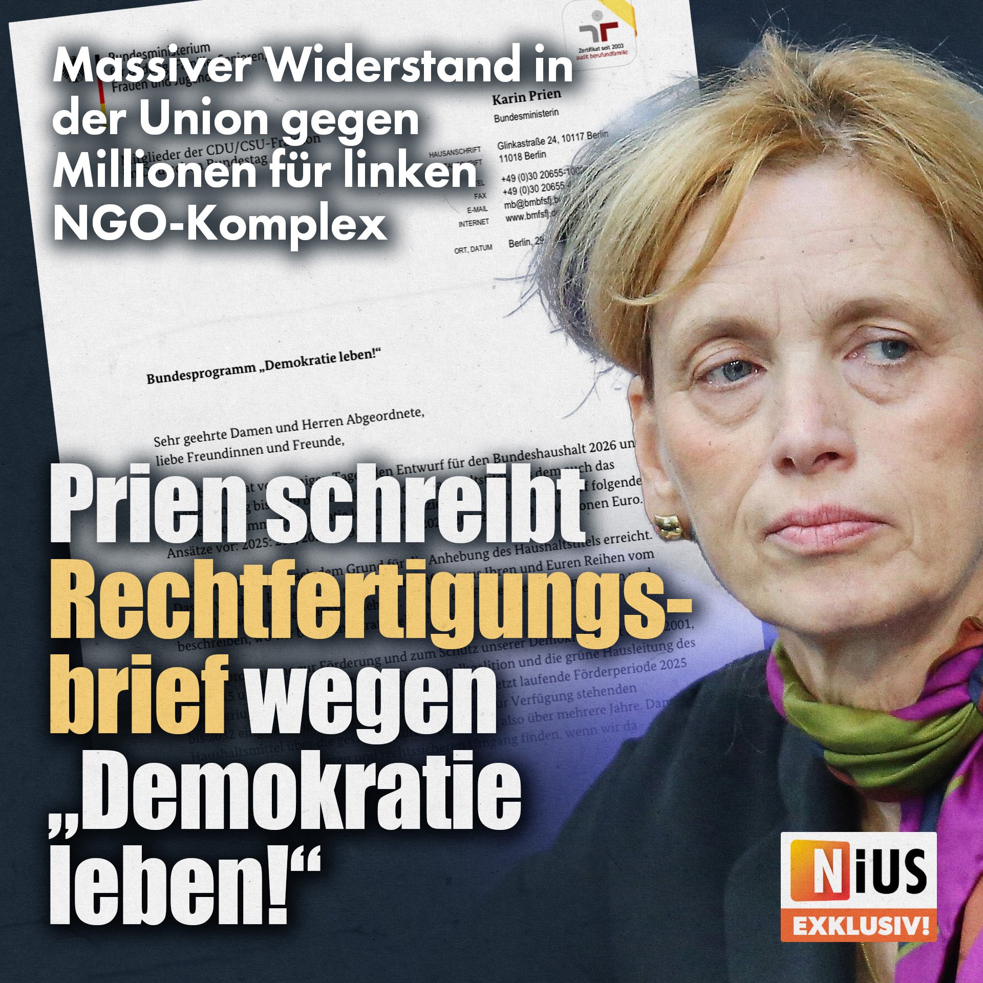 Der Familienministerin begegnet massive Kritik, weil sie das NGO-Förderprogramm „Demokratie leben!“ ...