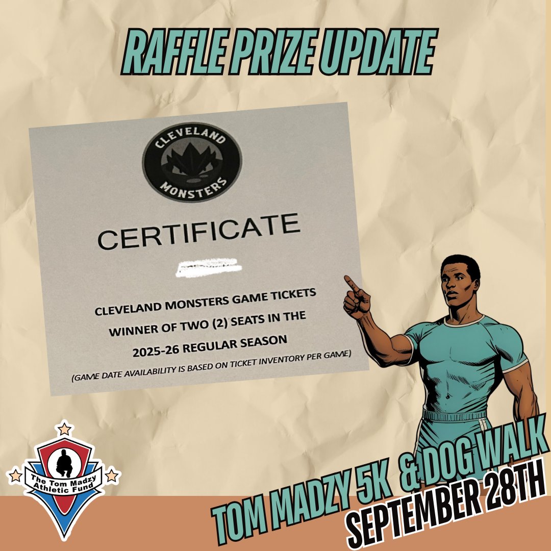 madzyrun's tweet image. Stick around after the Tom Madzy 5K &amp;amp; Dog Walk for a raffle supporting athletes in need in the BCSD!

Big thanks to the @monstershockey for donating 2 tickets to a game! 
Sept 29
Sign up: bit.ly/madzy5k

#madzyrun #BereaMidpark #FeartheDepths #ClevelandMonsters