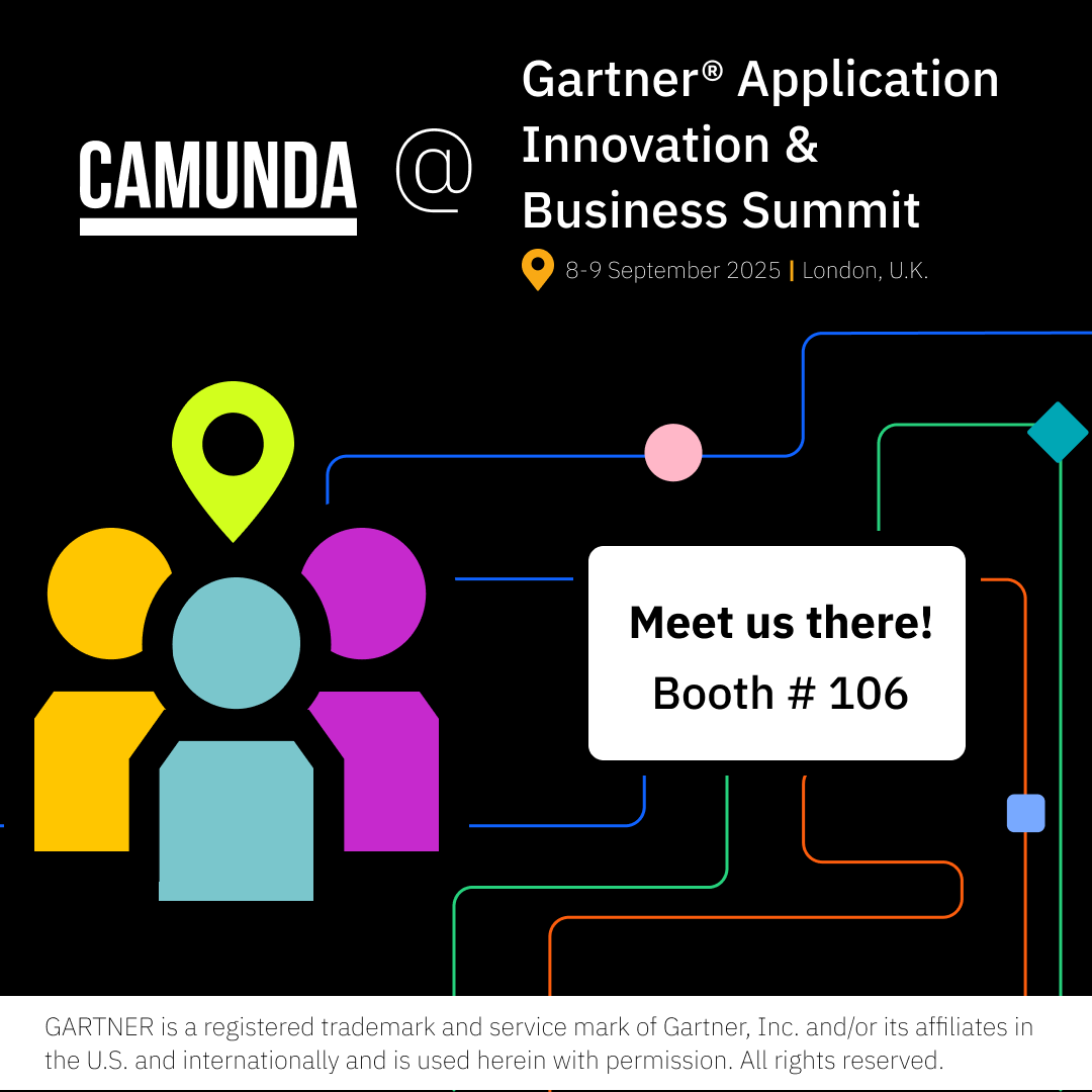 Camunda's tweet image. Heading to London 🇬🇧 for the @Gartner Application Innovation and Business Solutions Summit 2025? To learn more about how to confidently and securely operationalize AI at scale with agentic process orchestration, join us at Booth 106. #GartnerAPPS