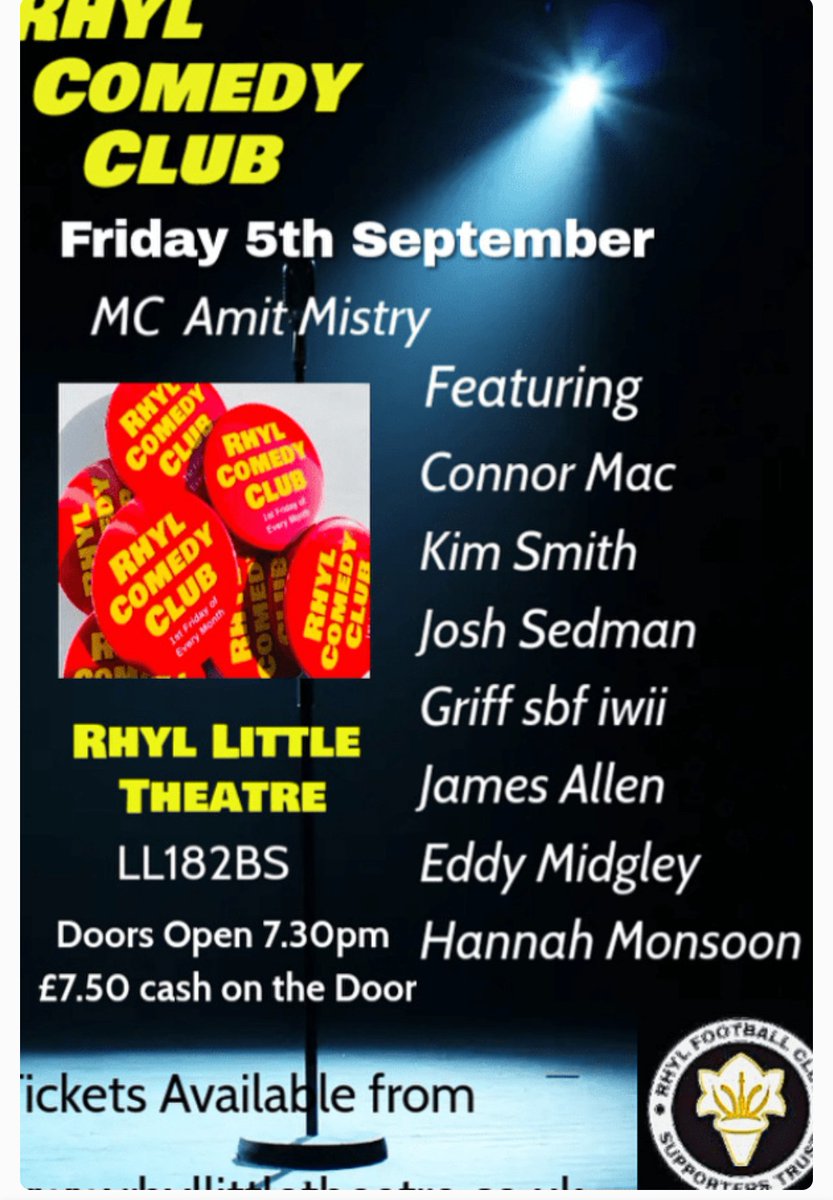 A week tonight <a href="/RhylComedyClub/">Rhyl Comedy Club</a> 
For any Rhyl fans who can't make Ruthin away, and you still want to do something next Friday, maybe this is the event for you.
£7.50 for 7 acts and a fully licensed bar, what more could you want for your money.
