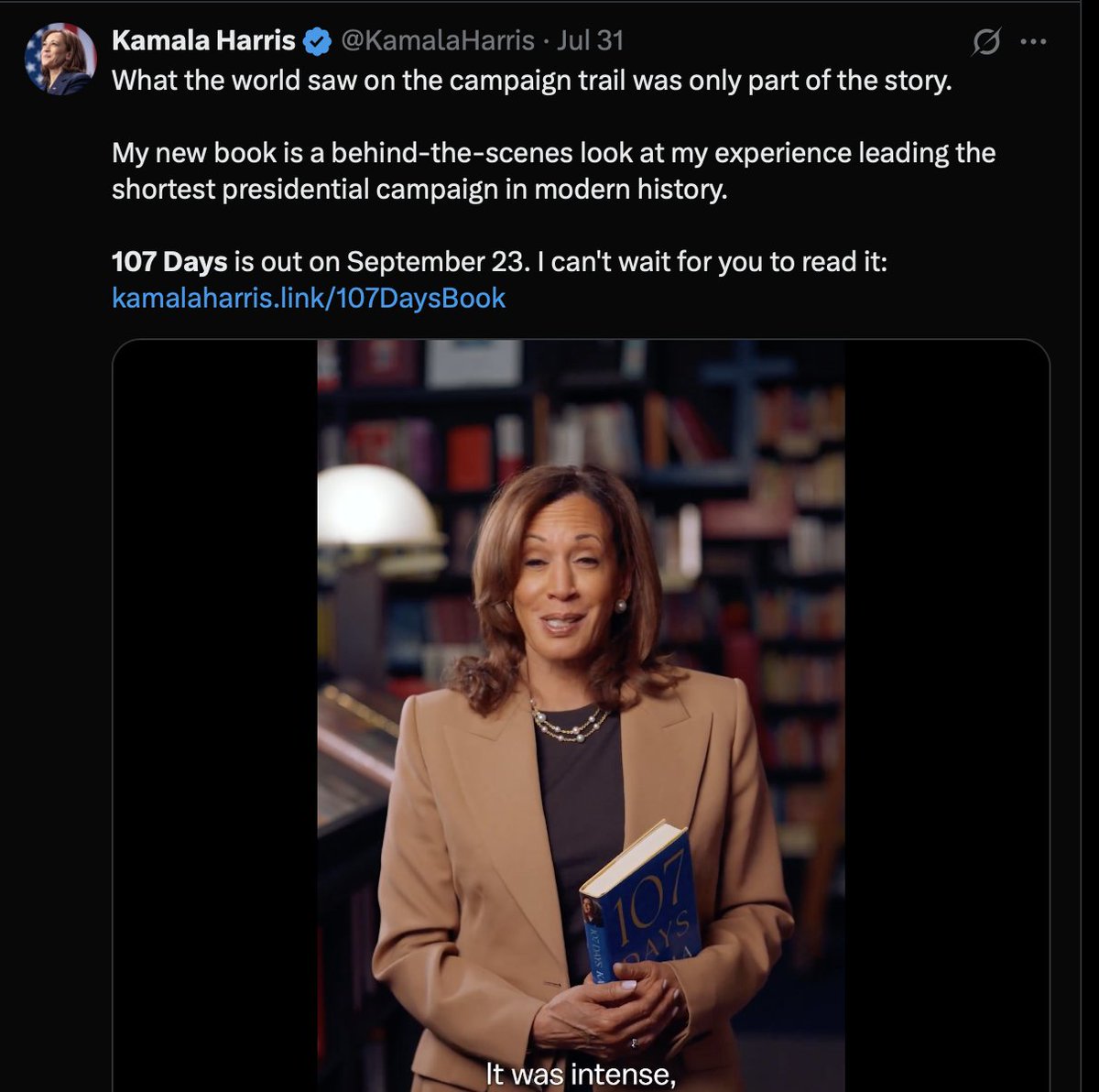 RebeccaLAnders's tweet photo. #107Days by @KamalaHarris #WeShouldBuyOutthisBook To Boycott Trump's cancelling of Harris's @SecretService protection. It was the shortest campaign in Modern American History. What I saw on Election Night was #VoteSwitching but that's a whole 'nother book and will probably be written by a statistician because it was #Statistically Improbable that Trump won! @KamalaHarris should not be #Martyred for any radical racist cause. @KamalaHQ @WashingtonPost @Simon_Schuster @CNN