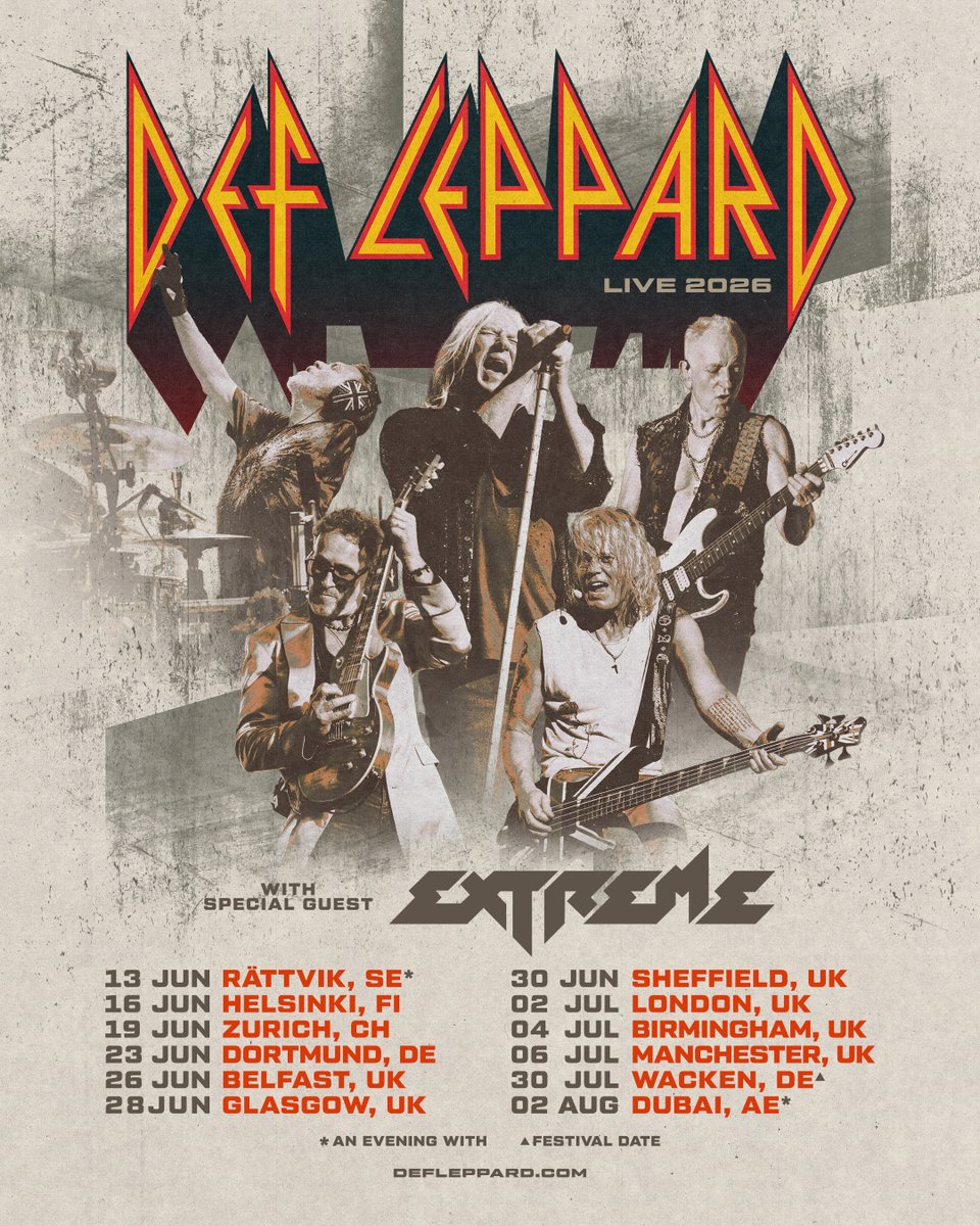 Def Leppard is taking over the UK &amp; EU in 2026 w/ special guest <a href="/ExtremeBand/">Extreme</a>. Rock Brigade members will get first access to tickets /VIP packages tomorrow, Tue. Sep 2 at 10a. Tickets go on sale this Friday, September 5.

🎟 DefLeppardRockBrigade.com.