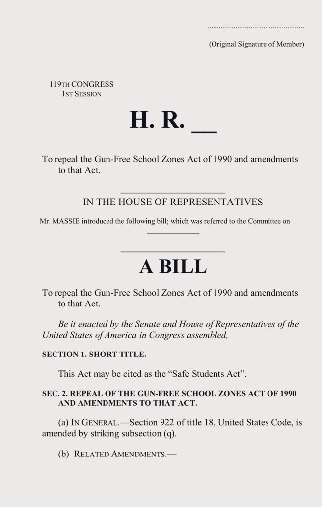 RepThomasMassie's tweet image. My Safe Students Act, HR 5066, would repeal the dangerous Gun-Free School Zones Act of 1990, ending the default federal policy of making schools soft targets. 

HR 5066 would make it easier for state governments and school boards to unambiguously set their own firearm policies.