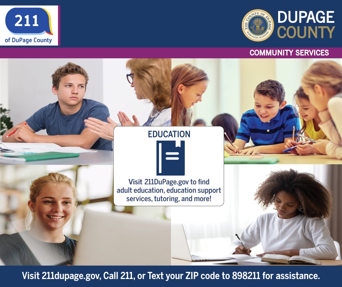DuPageCountyCS's tweet image. 🏫It's Back to School time! Find educational support resources, including early childhood programs, tutoring, and adult education at 211DuPage.gov. Or call 211📱 24/7 or text your ZIP code to 898211 to connect with agencies nearby that can help.
#EducationHelp #Team211