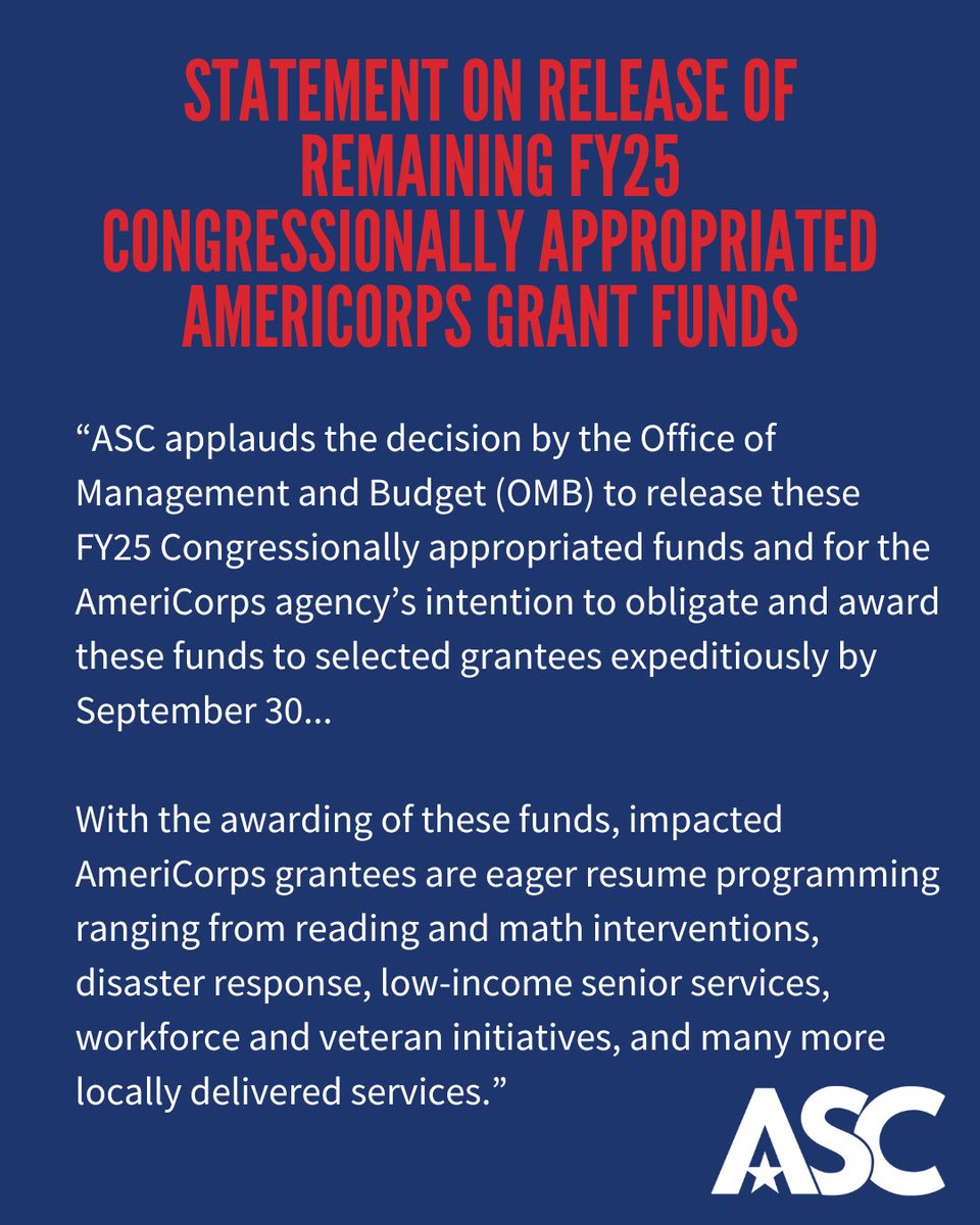 America's Service Commissions (@statecommission) on Twitter photo ASC applauds the decision by OMB to release remaining FY25 Congressionally appropriated funds <a href="/AmeriCorps/">AmeriCorps</a> & extends appreciation to bipartisan champions of state service commissions and AmeriCorps programs for their continued support. Read our statement: bit.ly/3JF15wH ASC applauds the decision by OMB to release remaining FY25 Congressionally appropriated funds <a href="/AmeriCorps/">AmeriCorps</a> & extends appreciation to bipartisan champions of state service commissions and AmeriCorps programs for their continued support. Read our statement: bit.ly/3JF15wH