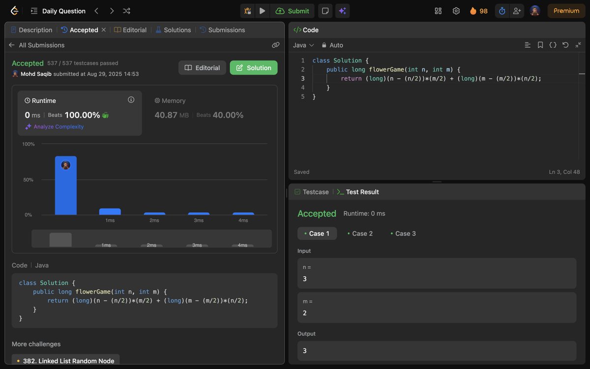 Mohd_Saqib_'s tweet image. 🚀 Day 402 of Code 🚀

Solved:

✅ 3021. Alice and Bob Playing Flower Game

#Day402 #DSA #GameTheory #MathInCS #ProblemSolving #LeetCode #CodingJourney #100DaysOfCode #Algorithms #DataStructures
