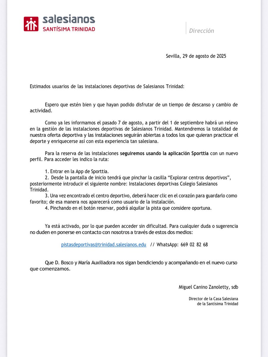 ⚠️ IMPORTANTE ⚠️ Os dejamos información sobre la nueva gestión de las Instalaciones Deportivas Colegio Salesianos Trinidad ⚽️🎾🏀🏐
Para cualquier duda tenéis un email y un teléfono de contacto. 
OS ESPERAMOS 🙌🏻