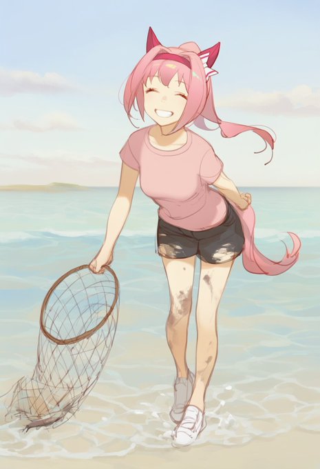 #ウマ娘と無人島シリーズ
漂流していた釣り用の網を使って試しに浅瀬で走らせてみたところ取れるわ取れる魚が獲れる。「トレーナー! 今日はごちそうだねー!」水中で足を取られるだろうにモリモリ水をかき分けて走っているのを見ると、ウララもああ見えて底知れぬ根性があることを再確認する。 